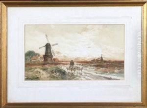 Shepherd And Flock Near A Windmill At Sunset