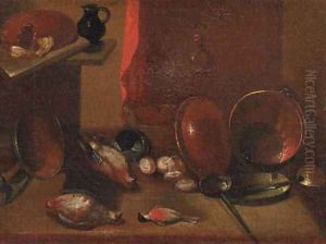 Dead songbirds, onions and kitchen utensils on a wooden table by a curtain by Carlo Magini