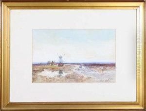 A Shepherd And Flock On A Road Near A Windmill