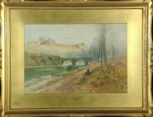 "richmond Castle" - With Two Small Girls Gathering Wild Flowers In The Foreground by Thomas Swift Hutton