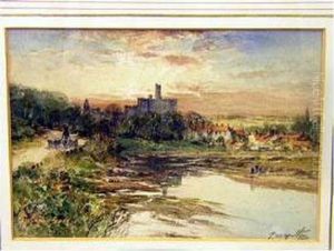 Sunset Over Warkworth Castle With River And Sheep On Track, Signed by Thomas Swift Hutton