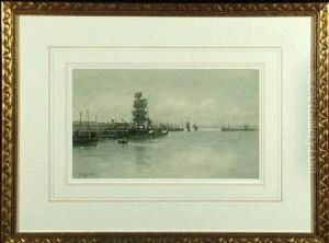 A Busy Harbour With A Fishing Fleet, Sailing Ship And Paddle Tug