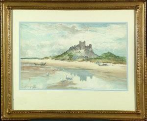 Bamburgh Beach With Gulls On The Shore - Figures, A Boat And The Castle Beyond