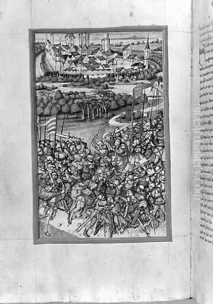 Illustration of the Battle of Lechfeld from the Augsburg Chronicle 1457 - view 1