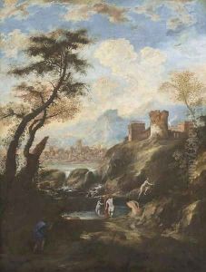 A mountainous river landscape with Diana and Actaeon by Antonio Marini