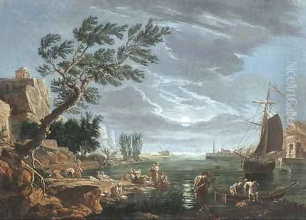 A moonlit mediterranean landscape with fishermen and women washing by a harbour - view 1