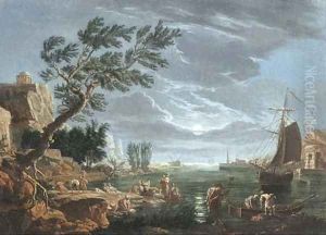 A moonlit mediterranean landscape with fishermen and women washing by a harbour
