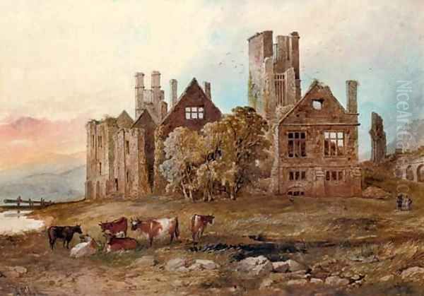 Cattle grazing before a ruined castle - view 1