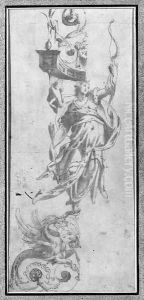 Study for a wall decoration A female figure holding a bow, standing on a griffon and supporting a cornice by (circle of) Marchetti, Marco (Marco da Faenza)