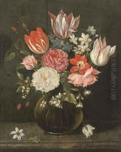 Parrot tulips, narcissi, roses, anemones and other flowers in a glass vase on a stone ledge by Jakob Marrel