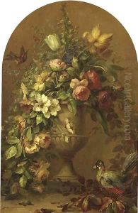 Flowers in a stoneware vase with tropical birds by Lucien Manceau