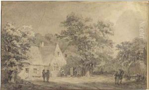 A farmstead among trees, figures on a road to the left