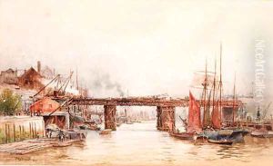 The Tower Bridge works from the Tower Wharf, London by Hubert James Medlycott