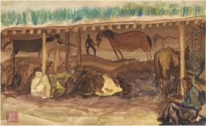 Horse And Cattle In A Stable, Mongolia by Alexander Evgenievich Yakovlev
