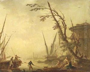 A Mediterranean port with figures on the shore by Charles Francois Lacroix de Marseille