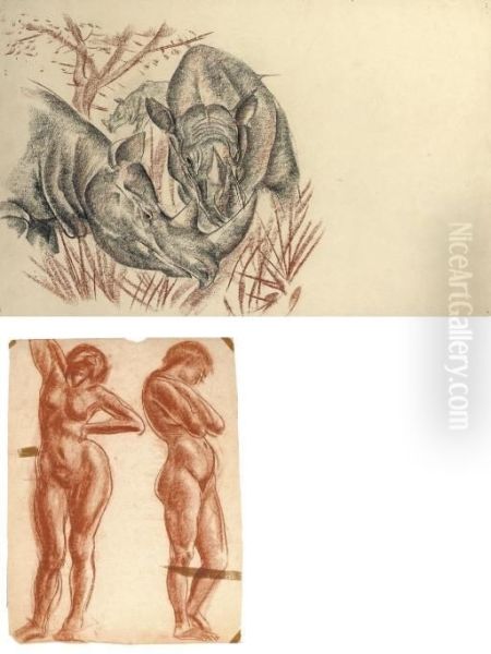 Rhinos (illustrated); Study Of A
Male Nude; Study Of A Female Nude; And Two Studies Of A Standing Female
Nude (illustrated) - view 1