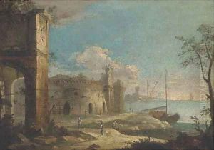 A capriccio coastal landscape with ruins and figures by Michele Marieschi