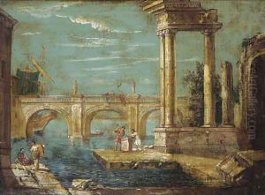 A capriccio of classical ruins and a bridge by a harbour by Michele Marieschi