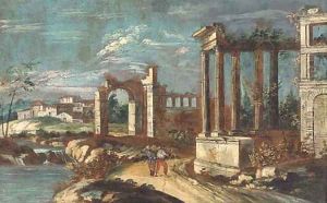 A capriccio of classical ruins with peasants on a track by Michele Marieschi
