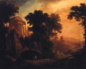 An Italianate landscape with herders on a track by a ruined temple at dusk by Albert Meyeringh
