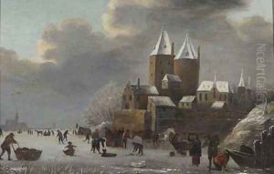 A winter landscape with peasants skating on a frozen river before a castle by Claes Molenaar (see Molenaer)