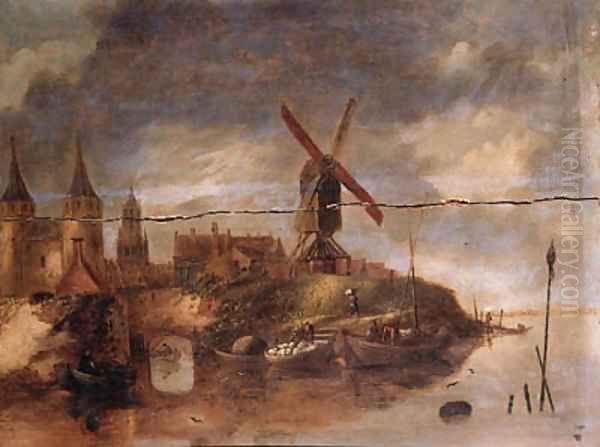 A fortified town on a river with fishermen in rowing boats unloading the catch near a landing stage - view 1