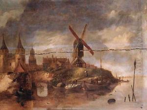 A fortified town on a river with fishermen in rowing boats unloading the catch near a landing stage by Claes Molenaar (see Molenaer)