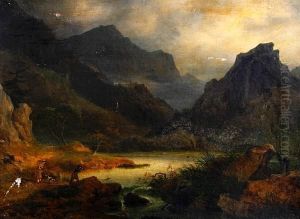 A Mountainous Landscape With Two Sportsmen Shooting Duck
