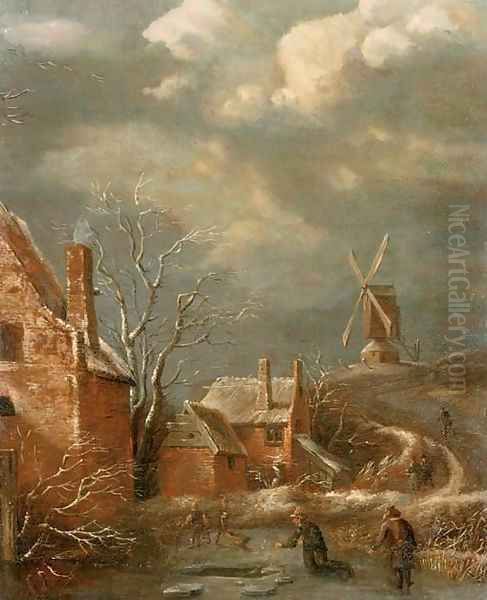 A winter landscape with figures on a frozen lake, cottages nearby and a windmill beyond - view 1
