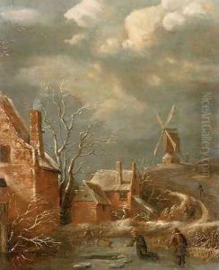 A winter landscape with figures on a frozen lake, cottages nearby and a windmill beyond