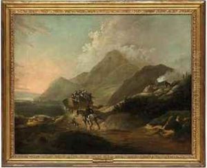 A Mountainous Landscape With A Coach And A Horseman On A Road