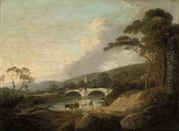 A Drover With Cattle And Sheep In A River Landscape - view 1