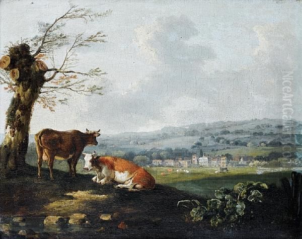 Cattle Resting Beneath A Tree, A Villagebeyond - view 1