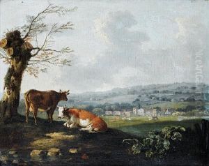 Cattle Resting Beneath A Tree, A Villagebeyond by Julius Caesar Ibbetson