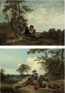 A Wooded Landscape With Figures Resting Under A Tree by Julius Caesar Ibbetson