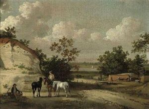 A Rocky Landscape With Figures By A Quarry by Julius Caesar Ibbetson