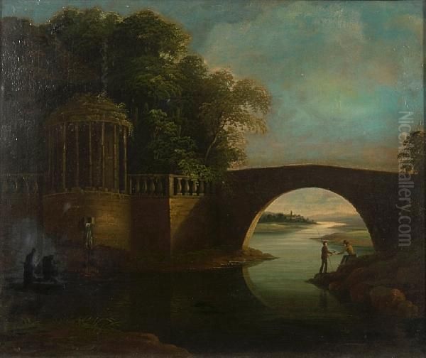 Fishermen Within An Italianate Landscape Withbridge And Folly - view 1