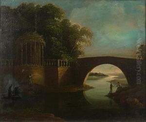 Fishermen Within An Italianate Landscape Withbridge And Folly by Julius Caesar Ibbetson
