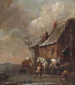 A winter landscape with figures skating and playing kolf on a frozen river by a farm by Claes Molenaar (see Molenaer)