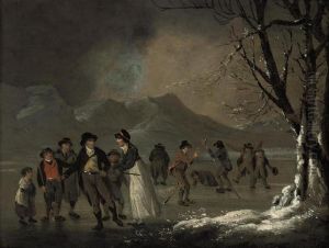 Skaters In The Lake District by Julius Caesar Ibbetson