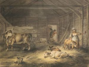 Cattle And Pigs In A Barn by Julius Caesar Ibbetson