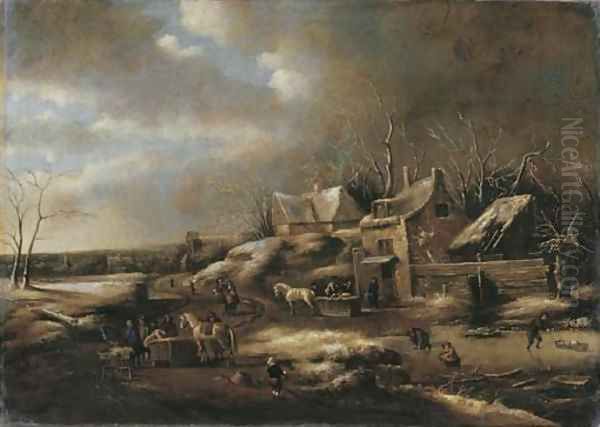 A winter landscape with townsfolk on a frozen waterway by a tavern - view 1