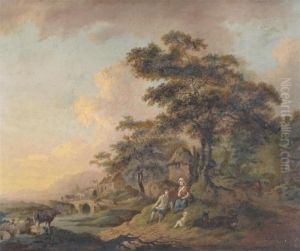 Pastoral River Landscapes With Couples Resting Near Hamlets by Julius Caesar Ibbetson