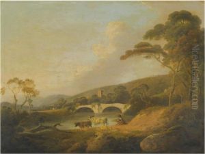 Landscape With Livestock And Figures Beside A River by Julius Caesar Ibbetson