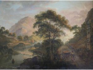 River Landscape Scene With Figure And Horse On A Country Road by Julius Caesar Ibbetson