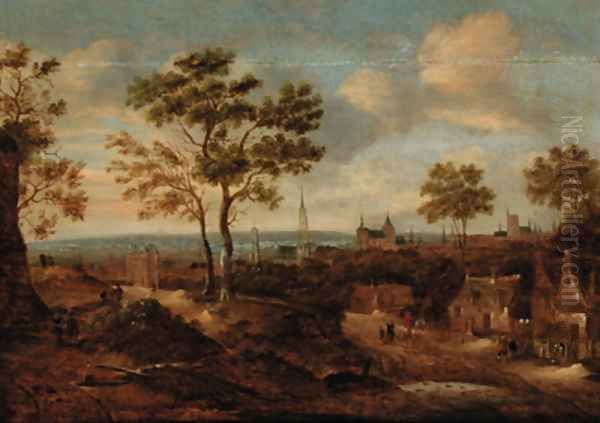 A wooded landscape with a view of a town - view 1