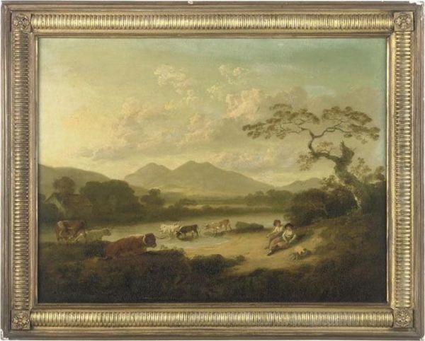 Two Milkmaids Resting On The Bank Of A River by Julius Caesar Ibbetson