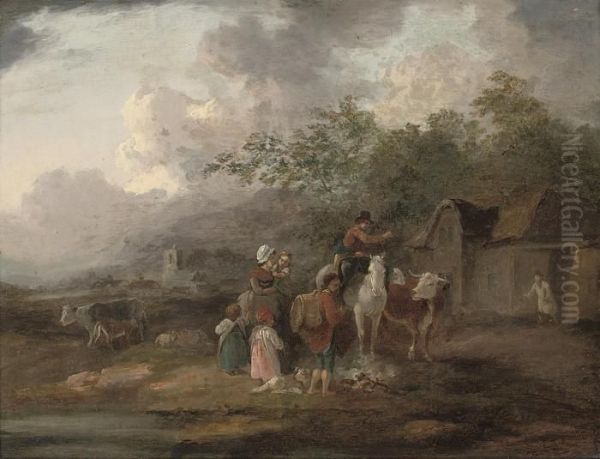 A Wooded Landscape With A Family At Rest On A Track By Acottage - view 1