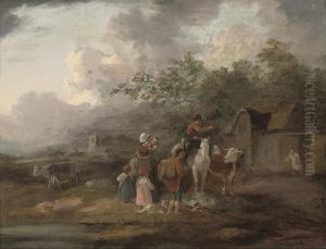 A Wooded Landscape With A Family At Rest On A Track By Acottage by Julius Caesar Ibbetson