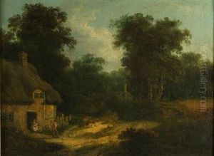 Cottage In A Woodland Clearing With Figures In The Doorway by Julius Caesar Ibbetson